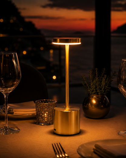 Luxury Rechargeable LED Table Lamp – Wireless Dimmable Metal Ambient Light for Dining & Events