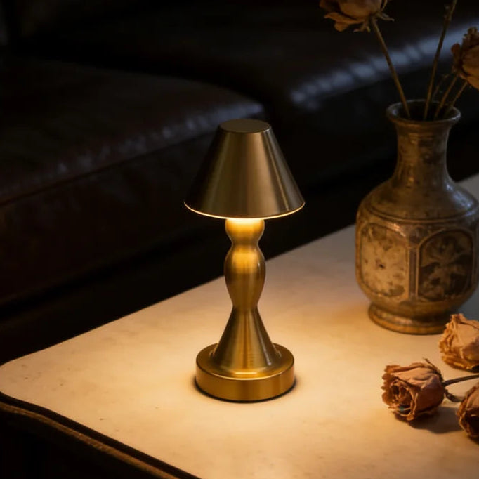 Vintage Brass Rechargeable Table Lamp – Elegant Curved Stem Ambient Light