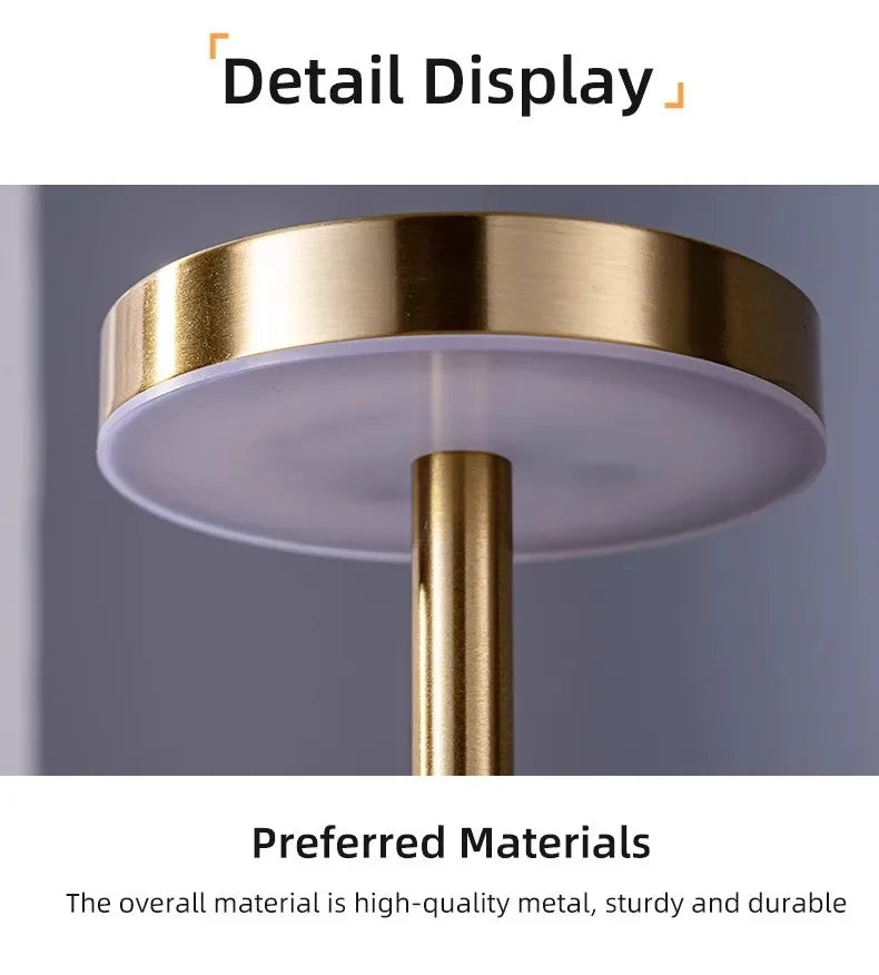 Luxury Rechargeable LED Table Lamp – Wireless Dimmable Metal Ambient Light for Dining & Events