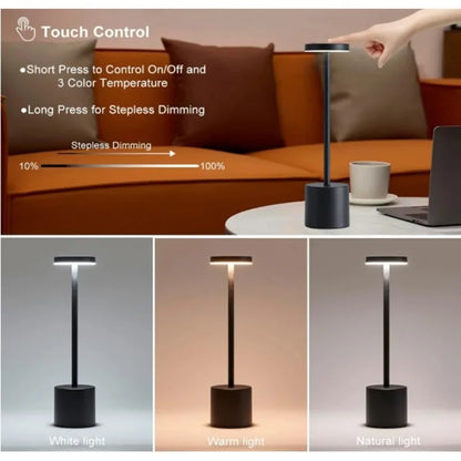 Luxury Rechargeable LED Table Lamp – Wireless Dimmable Metal Ambient Light for Dining & Events