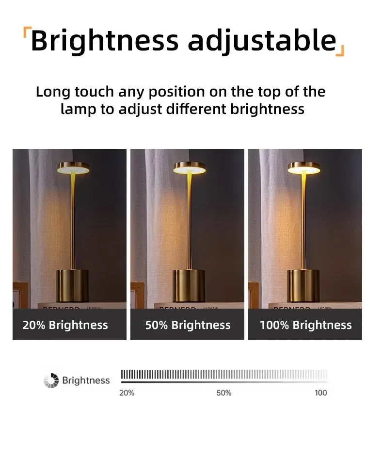 Luxury Rechargeable LED Table Lamp – Wireless Dimmable Metal Ambient Light for Dining & Events