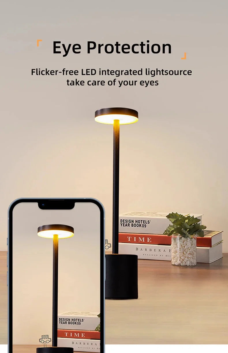 Luxury Rechargeable LED Table Lamp – Wireless Dimmable Metal Ambient Light for Dining & Events