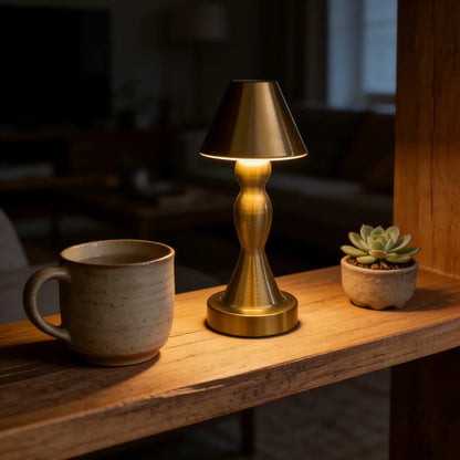 Vintage Brass Rechargeable Table Lamp – Elegant Curved Stem Ambient Light