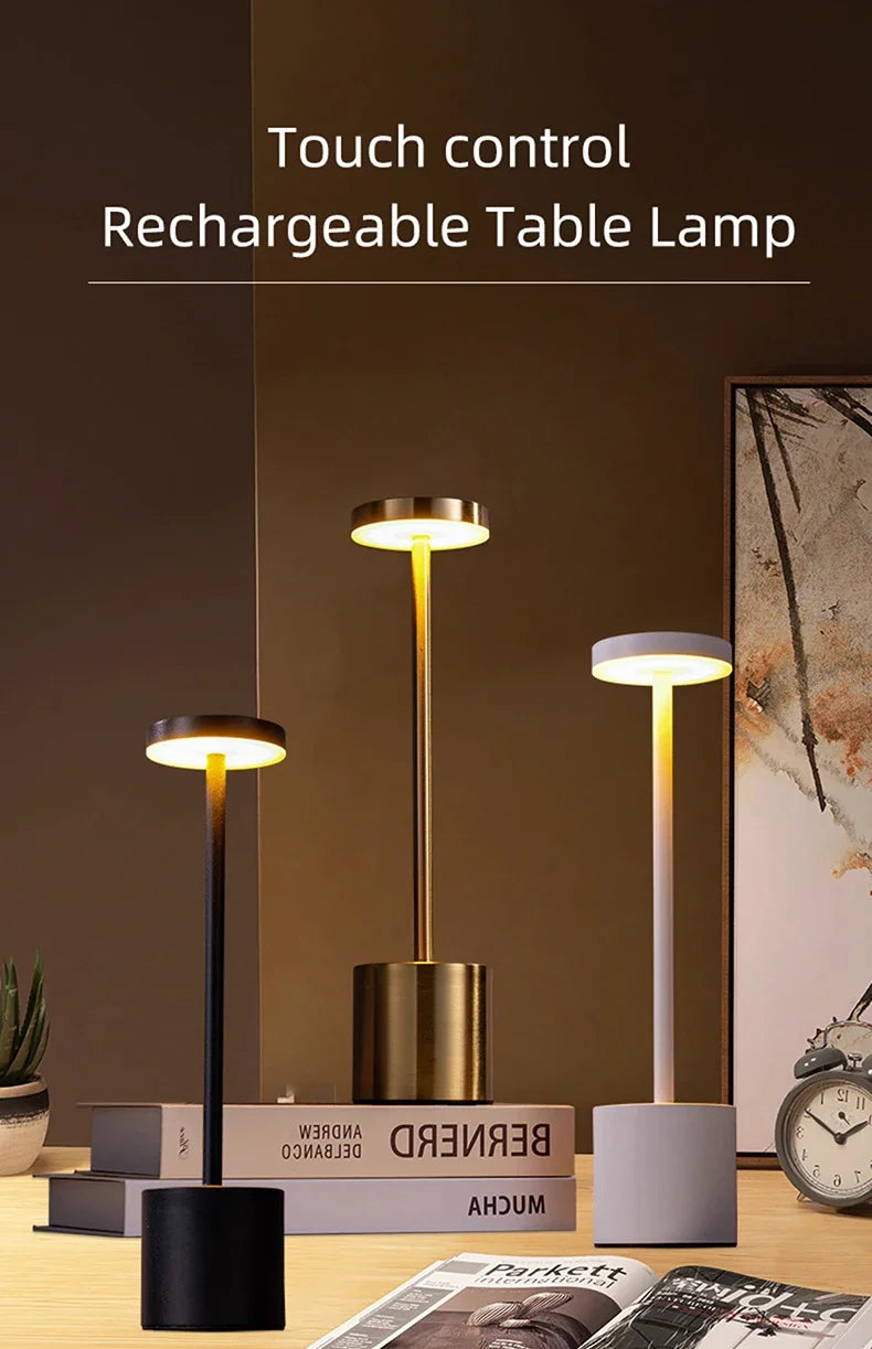 Luxury Rechargeable LED Table Lamp – Wireless Dimmable Metal Ambient Light for Dining & Events