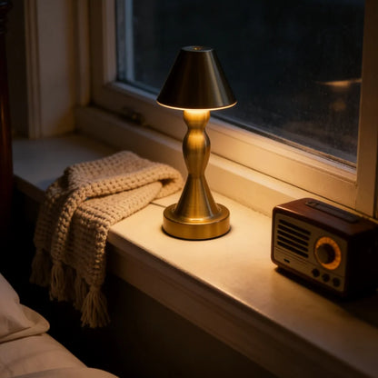 Vintage Brass Rechargeable Table Lamp – Elegant Curved Stem Ambient Light