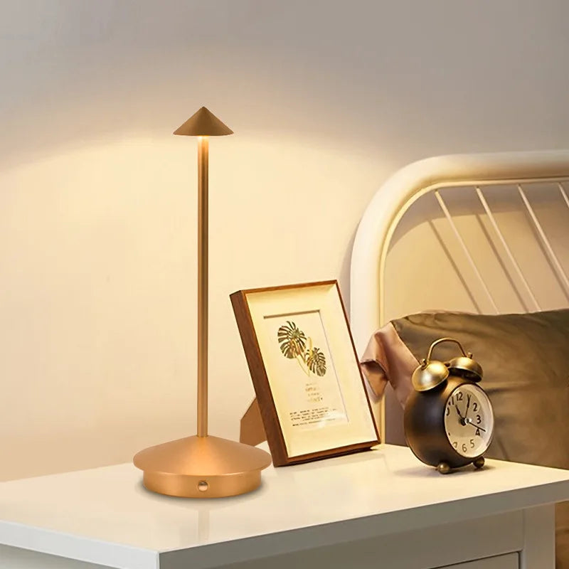 Rechargeable Luxury Conical Table Lamp – Modern Metal LED Ambient Light for Interiors
